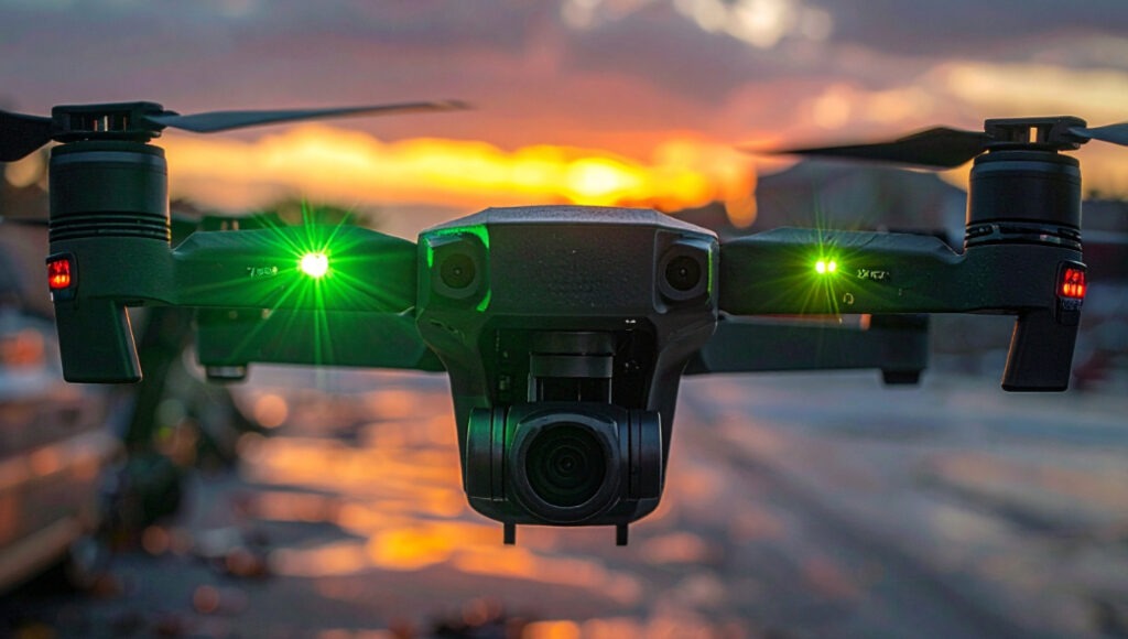 Drone with flashing green strobes