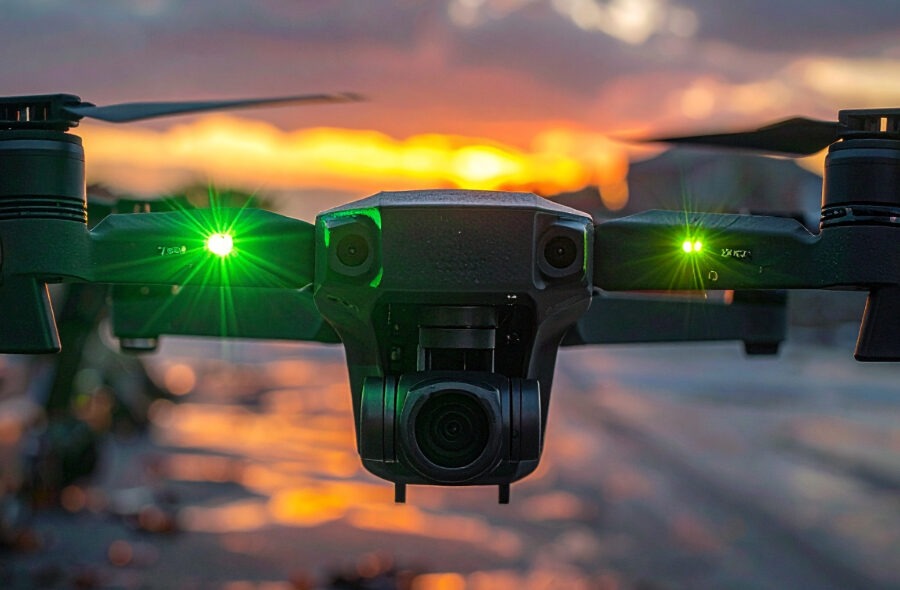 Drone with flashing green strobes